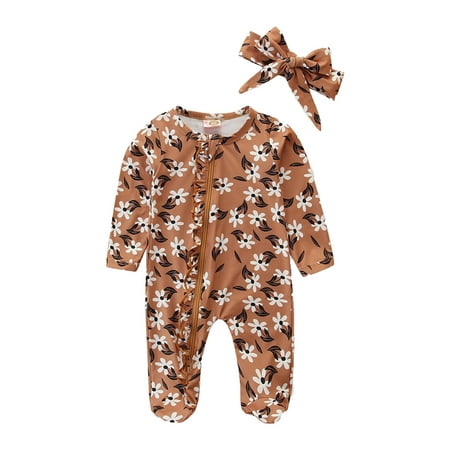 

Toddler Girls Bodysuits Toddler Kids Girls Boys Floral Fruit Cartoon Cat Prints Romper Jumpsuit Hairband 2Pcs Set Outfits For 3-6 Months