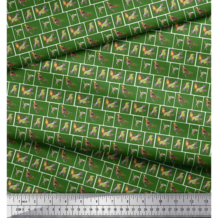 Soimoi Green Velvet Fabric Tiles & Leaf Bird Print Fabric by the Yard 58  Inch Wide 