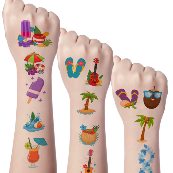 54 Pcs Temporary Tattoo Stickers, Waterproof Long Lasting Body Stickers Hawaiian Beach Coconut Tree Ice Cream Swimming Ring Kids Boys Girls Tattoo Stickers Arms Arms Shoulders Cheeks