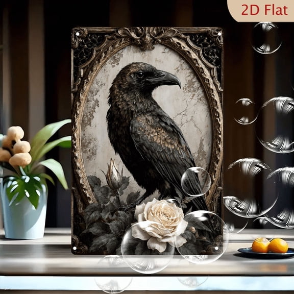 8x12 Inches Vintage Black Crow & White Roses Art Print, Classical Portrait in Ornate Gilded Frame, Rustic Wall Decor for Home Office Living Room