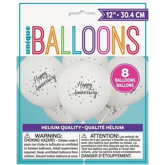 Unique Industries Latex 16" White Happy Anniversary Text Balloons, 8 Count