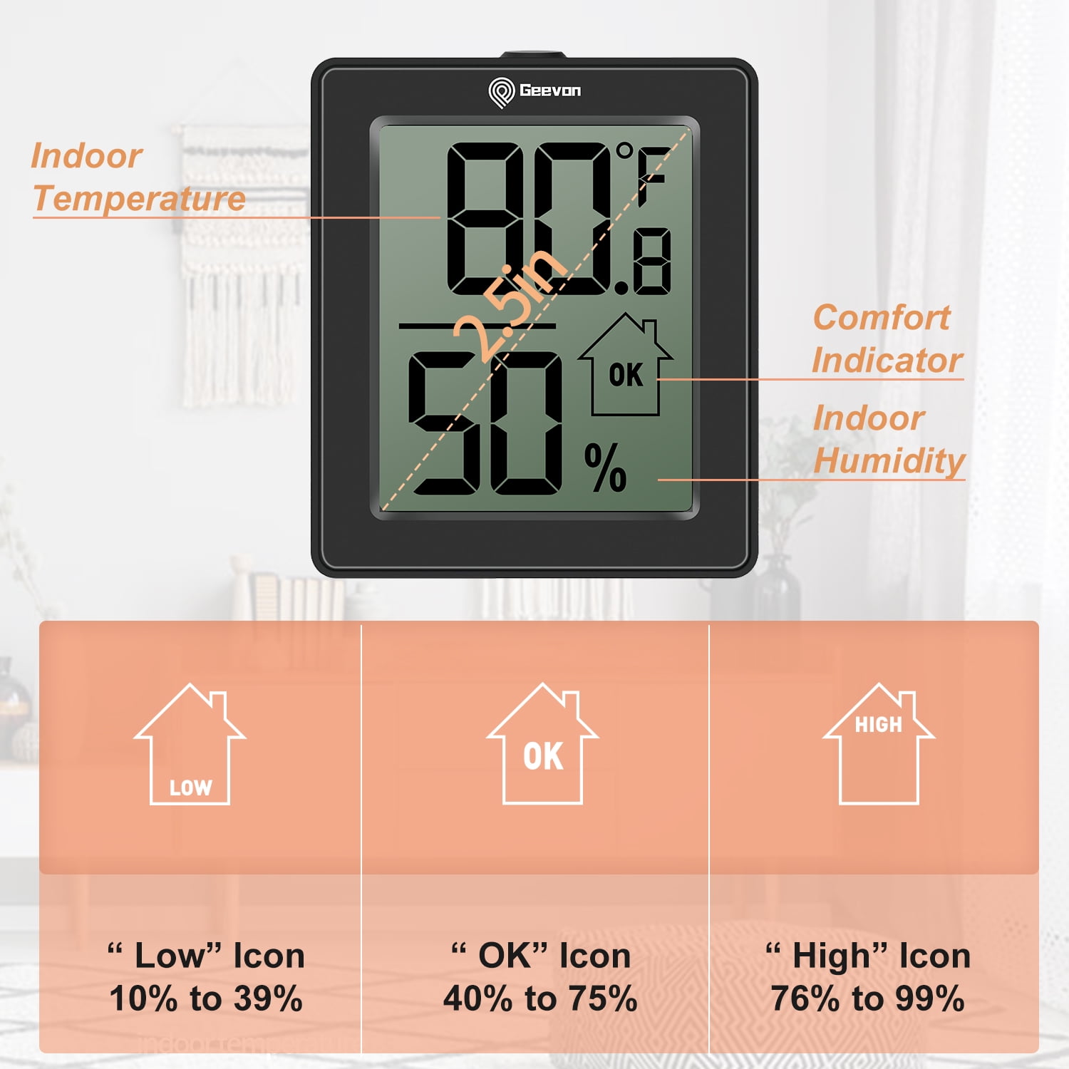 Geevon Digital Hygrometer, 3 Pack Indoor Thermometer Indoor Thermohygrometer with Battery, Digital Temperature Humidity Meter Indicator for Home, Office, Greenhouse, Mini Hygrometer(Black)