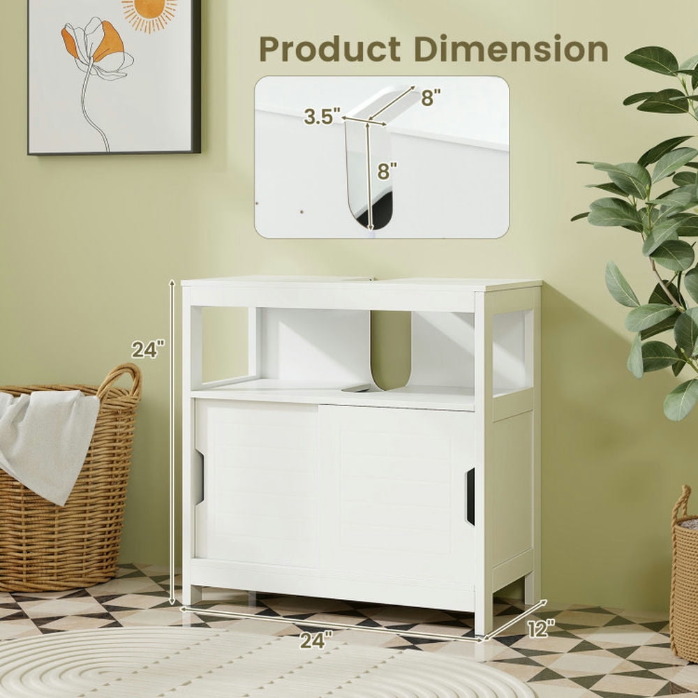 Finihen Storage Cabinet, Floor Cabinet, Pedestal Sink Storage Cabinet with 2 Sliding Doors and U-shaped Cut-out, for Bathroom, Living Room, Bedroom, Kitchen, White