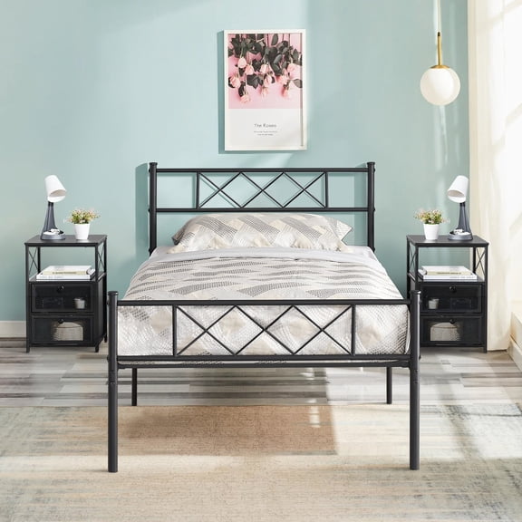 VECELO 3-Piece Bedroom Set, Twin Size Metal Bed Frame and 2 Black Nightstand