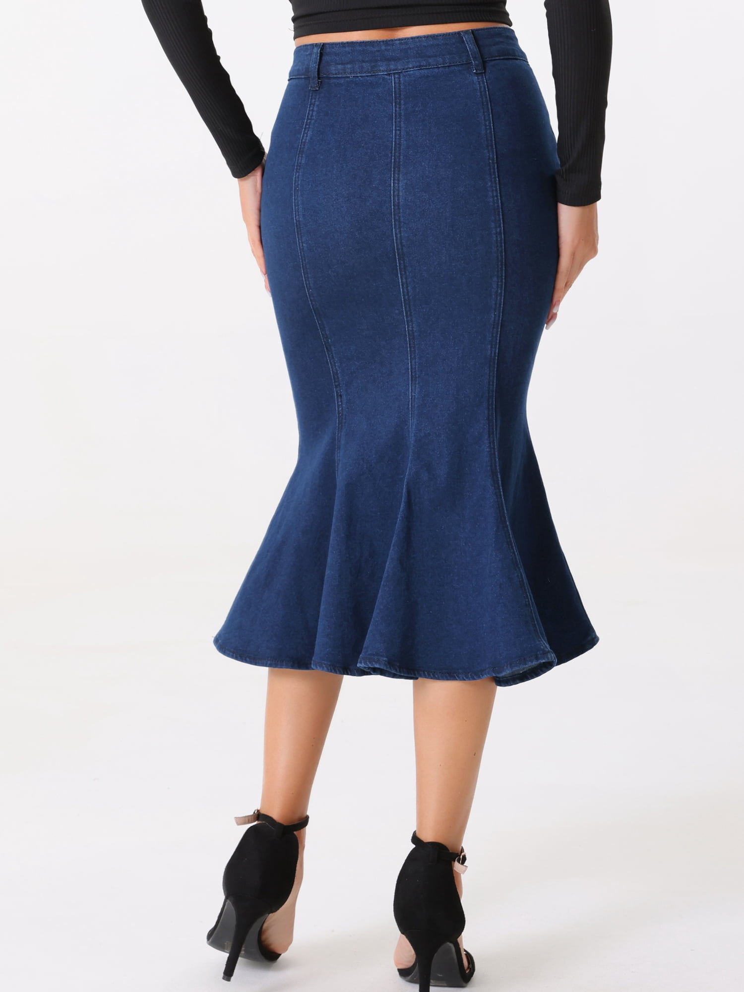 DARING DIVA Women's Soft Elegant Washed Fishtail Casual Midi Denim Skirt XS Black Blue