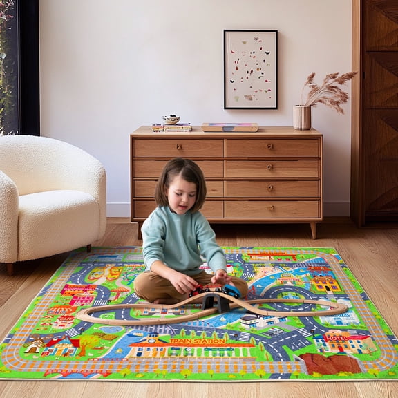 Socofuz Kids Learning & Game Rug 3'x4', Non-Slip Carpet, Kids Car Town City Roadmap Rug for Playroom Bedroom Boys, Track Carpet Kids Car Play Rugs