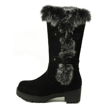 

Gomelly Women Fuzzy Bootie Plush Lining Snow Boots Chunky Winter Shoes Fashion High Calf Boot Walking Cold Weather Fluffy Warm Shoe Black 5.5