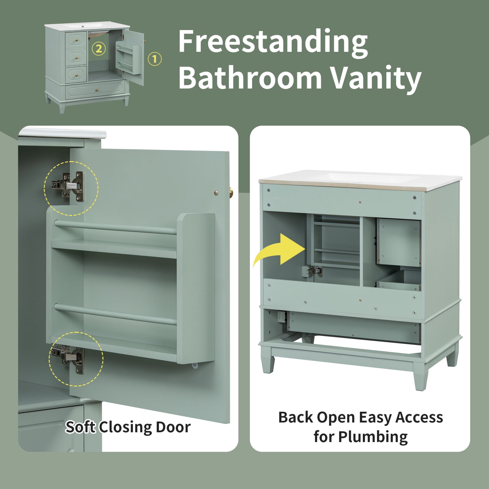30" Bathroom Vanity with Ceramic Sink ,Soft-Close Door and 3 Drawers, Freestanding Vanity Cabinet with Storage Shelves,Solid Wood Frame Vanity for Bathroom, Light Green