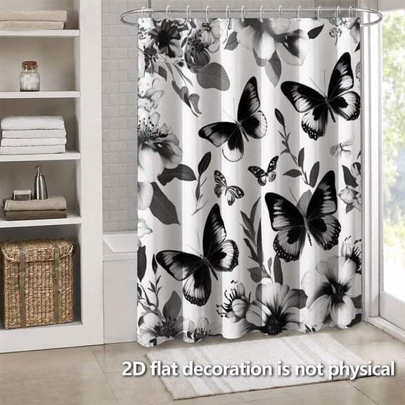 Hoease Black White Butterfly Floral Shower Curtain, 71W x 71L Inch Waterproof Fabric Bathroom Curtain with 12 Hooks, Vintage Monochrome Bath Decor