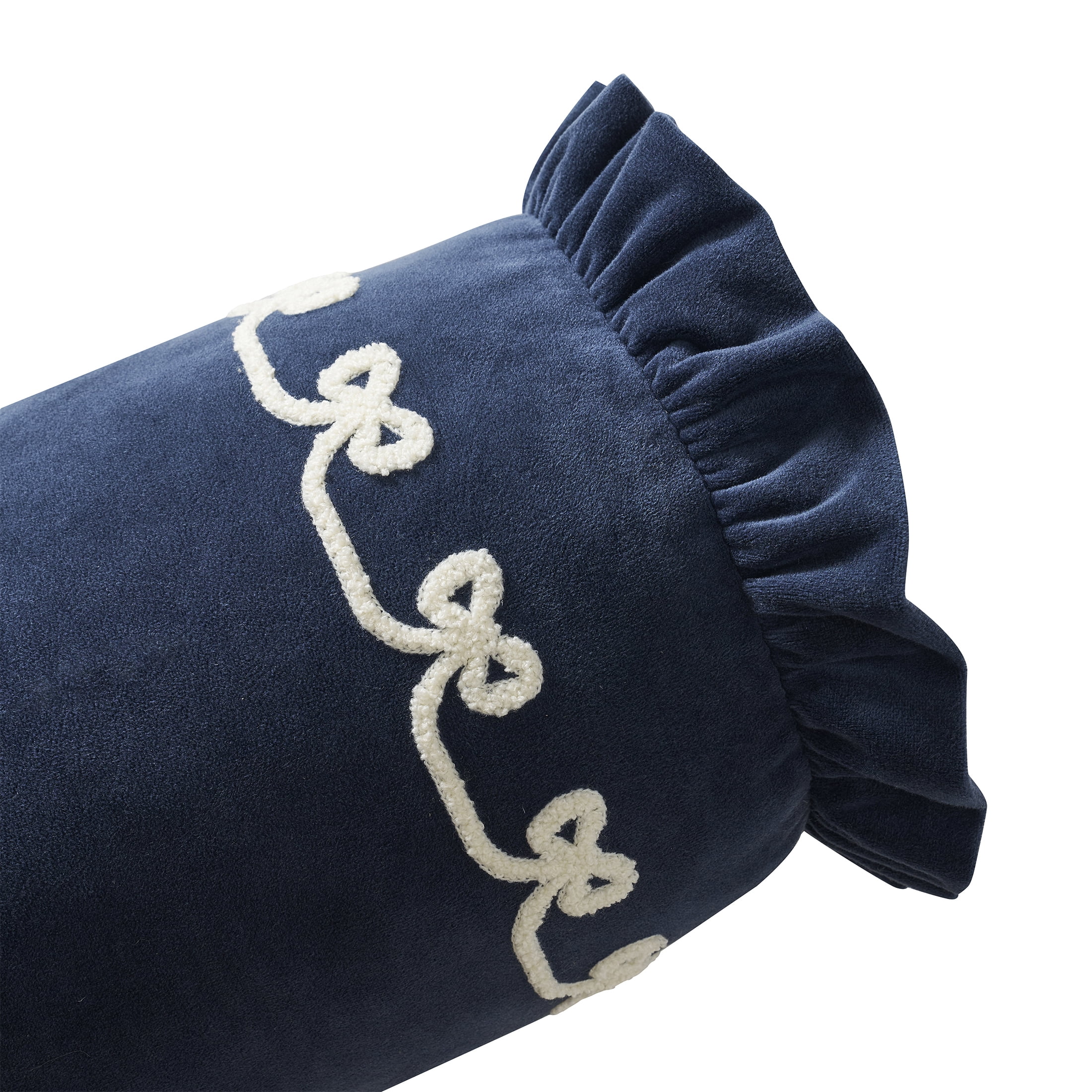 My Texas House 8" x 22" Navy Velvet Ruffle Bolster Decorative Pillow