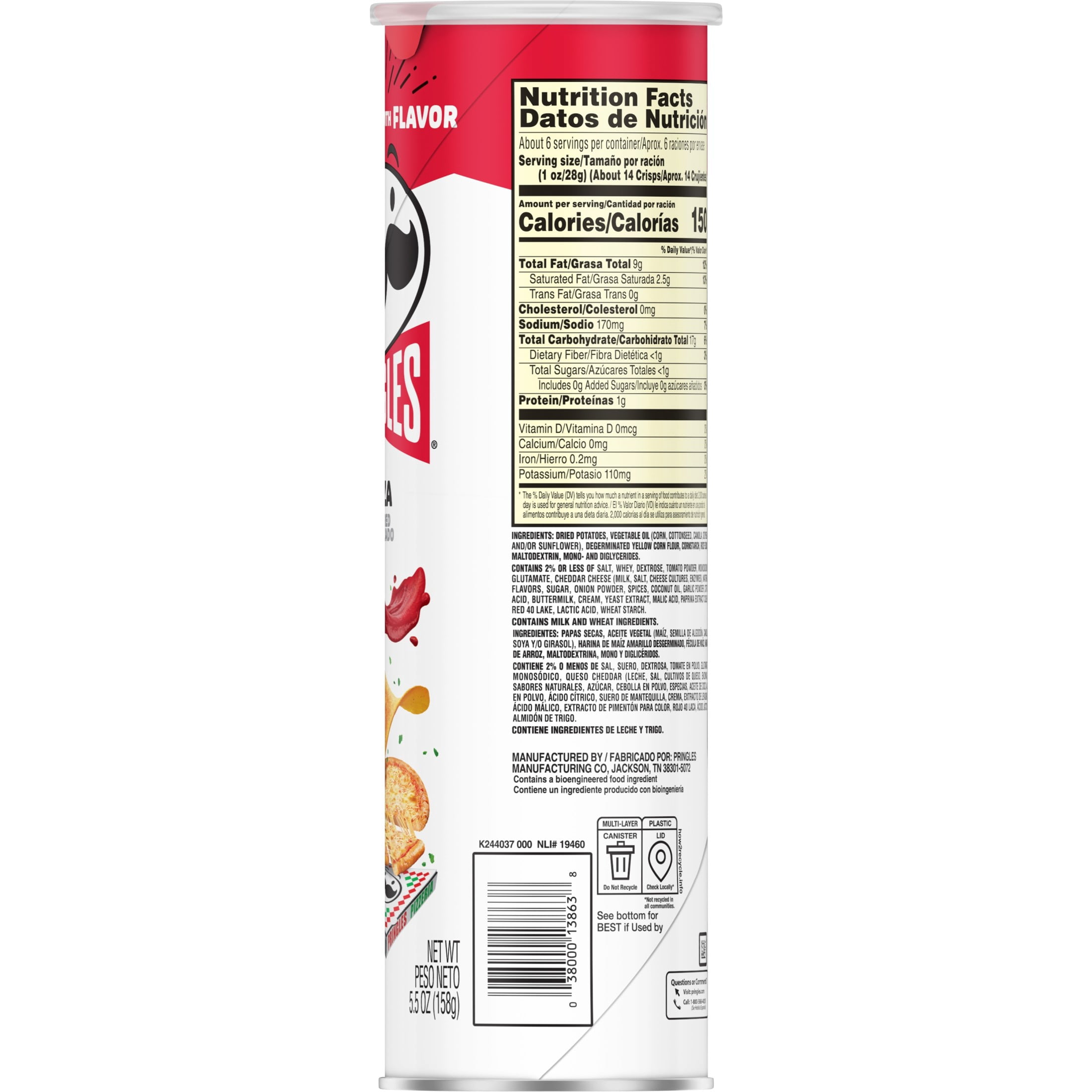 Pringles Pizza Potato Crisps Chips, Lunch Snacks, 5.5 oz Canister