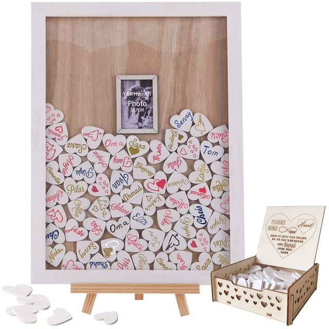 Wedding Guest Book , AmPm Wooden Picture Frame , Drop Top Frame Sign Book with 100PCS Wooden Hearts, Rustic Wedding Decorations and The Wedding Gift (White Wooden Frame + Photo)