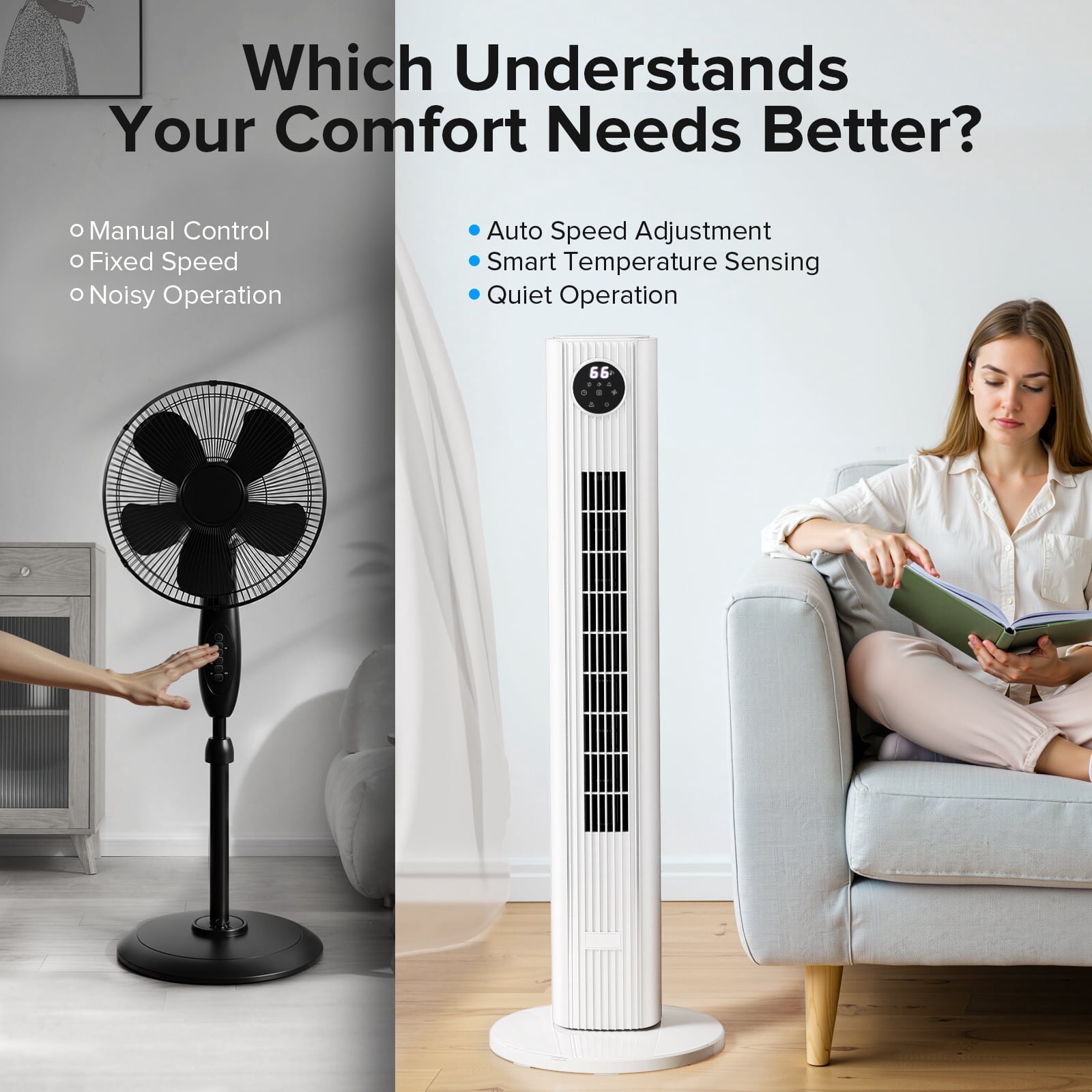 Electactic 35" Oscillating Tower Fan, Bladeless Floor Fan with Remote, 4 Modes & 3 Speeds, 12H Timer, Quiet & Family-Safe, LED Display, 85° Wide Cooling for Bedroom & Home (White)