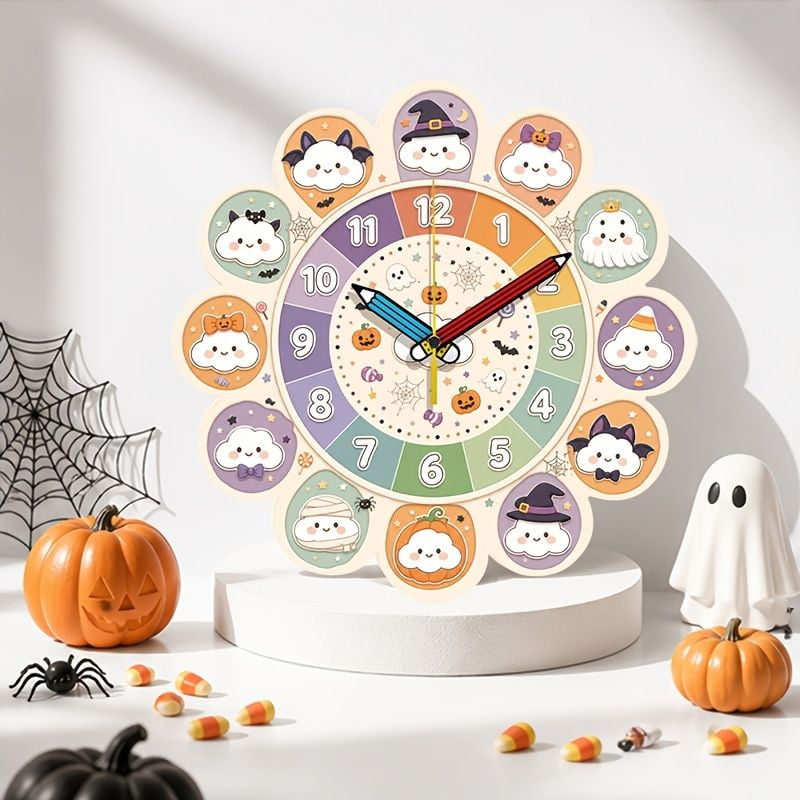 VOCOO 12-inch Irregular Edges Clouds Ghosts Wall Clock, Silent Non Ticking Wooden Halloween Decorative Clock for Home, Office, School