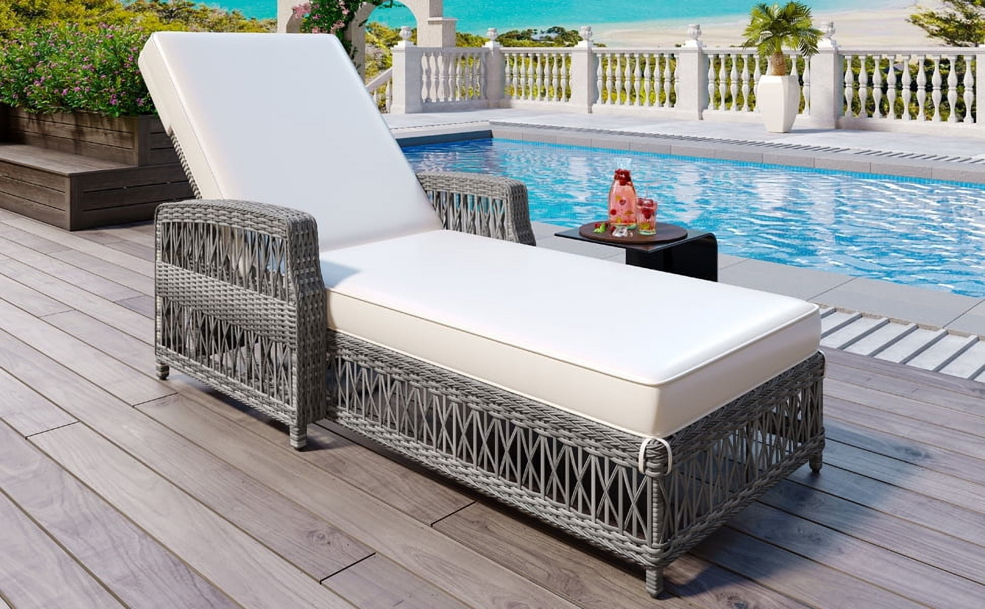 Outdoor Reclining Chaise with Armrests, Adjustable Lounge Chair for Poolside Garden, Beige