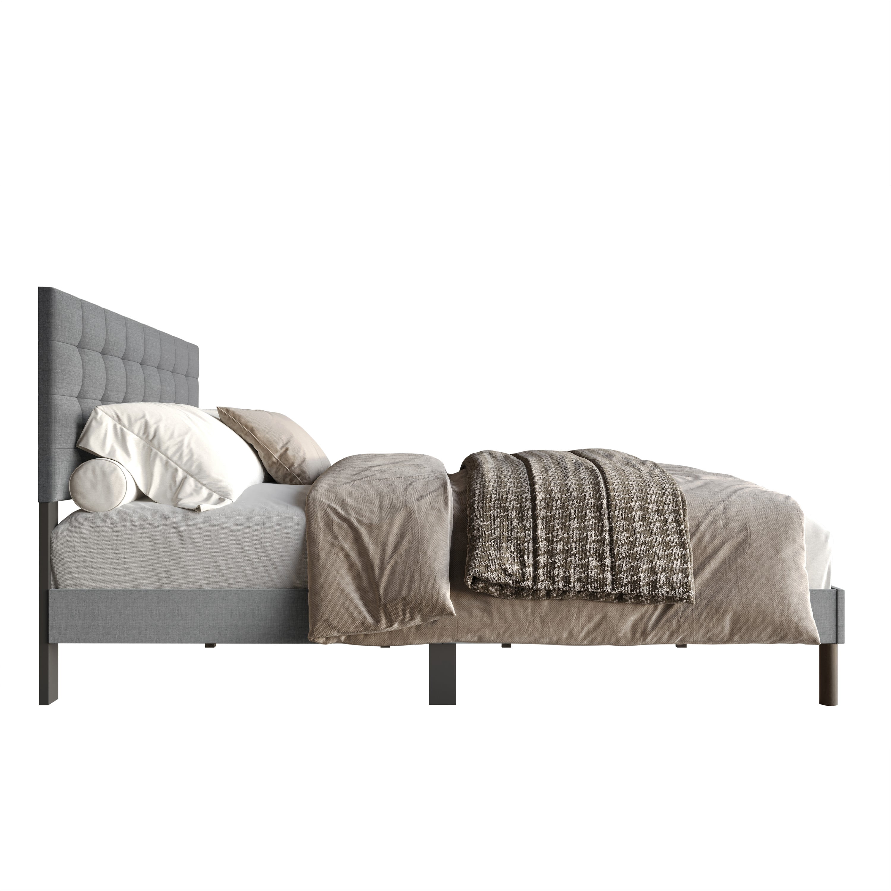 Home Design Haines King Linen Upholstered Panel Bed Frame with Rectangular Tufted Headboard & Sturdy Wooden Legs, Gray, Easy Assembly