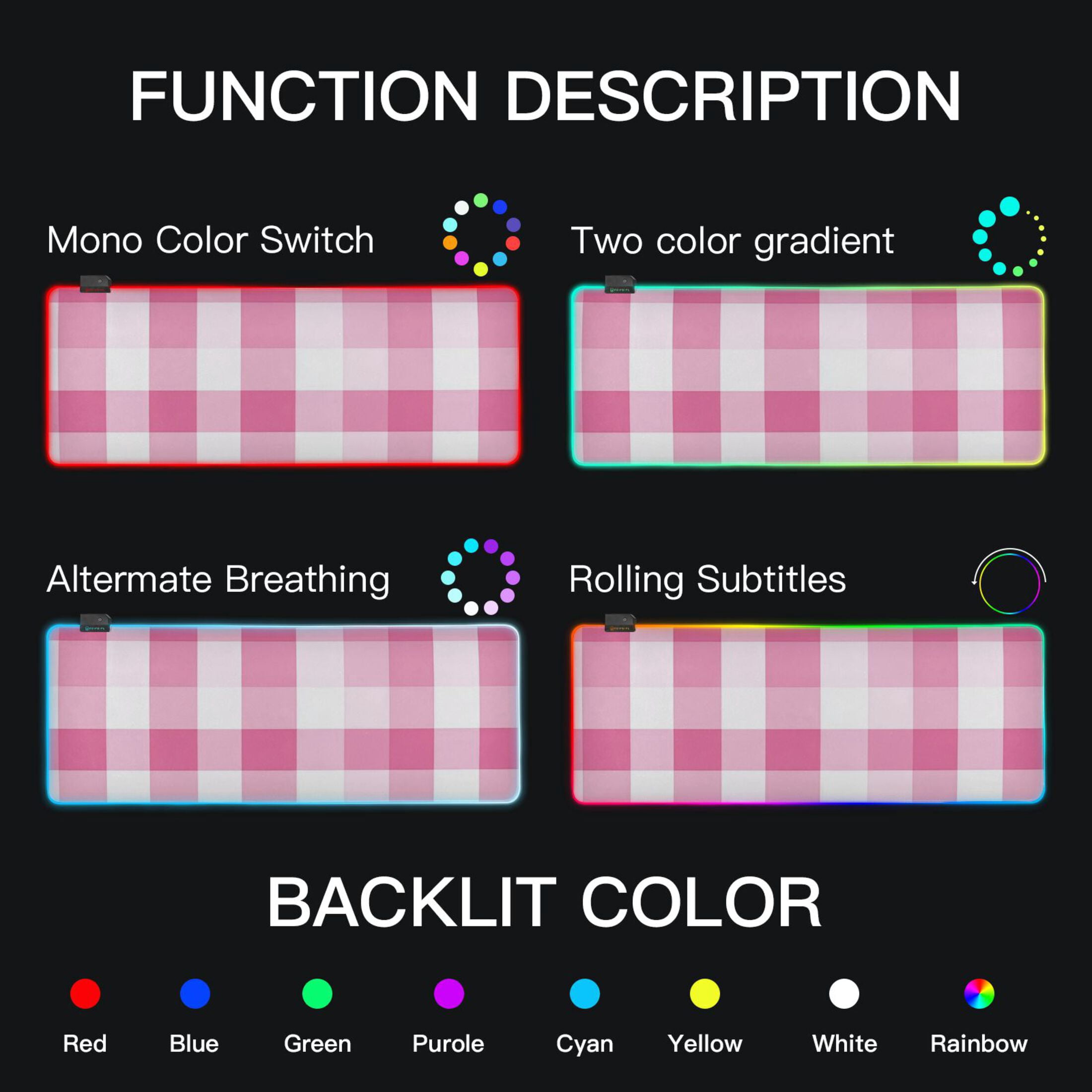 Pink and White Plaid RGB Gaming Mouse Pad Large Keyboard Mat Rubber Base 13 Light Modes