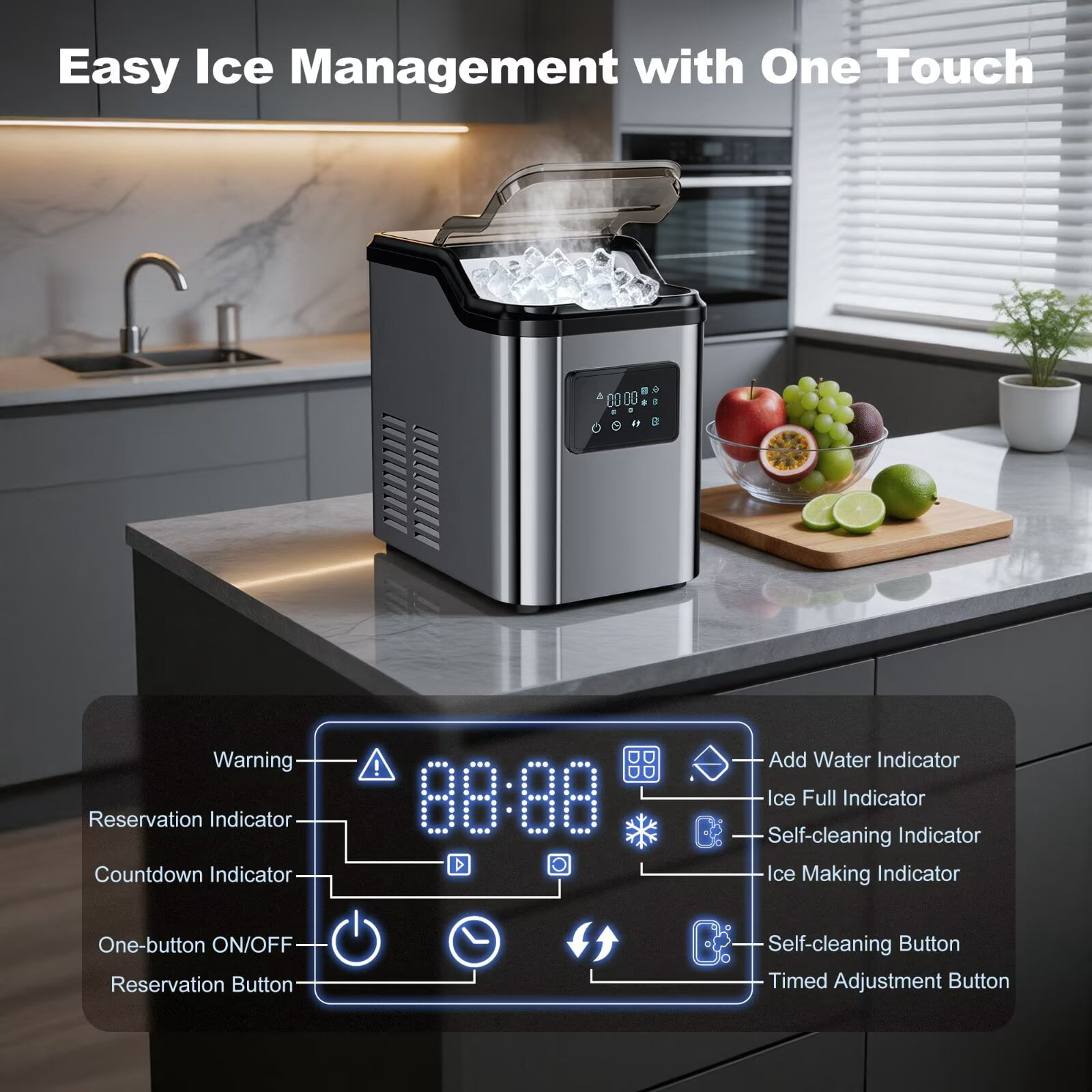 Nugget Ice Makers Countertop, 45lbs/Day Portable Pebble Ice Machine with Crushed Ice, Self-Cleaning, Pellet Ice Makers with Chewable Sonic Ice for Home, Kitchen, Camping, RV, Office
