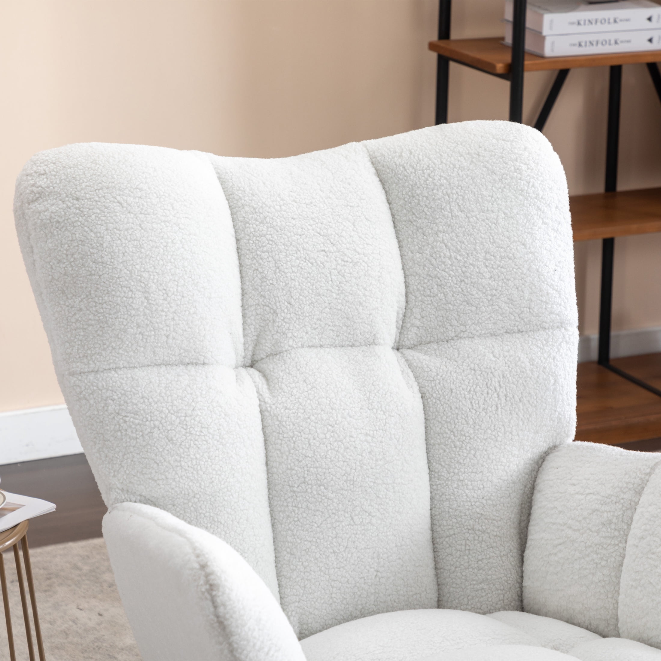 PORKISS Modern Rocking Chair, Upholstered Teddy Fabric Accent Chairs with High Backrest, Glider Rocker Comfortable Armchair with Padded Seat for Living Room Bedroom Playroom, Ivory