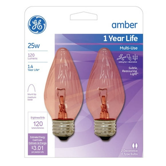 Decorative Light Bulb, Flame Shape, Amber, 25 watt, 2 PK., GE, 75339