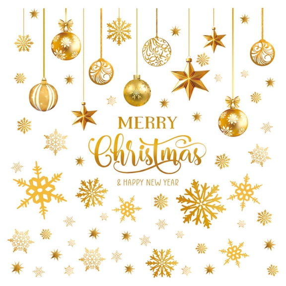 Christmas Window Clings, Gold Merry Christmas and Static Cling Decals with Ornaments Snowflakes, Holiday Window for Home Party Decor