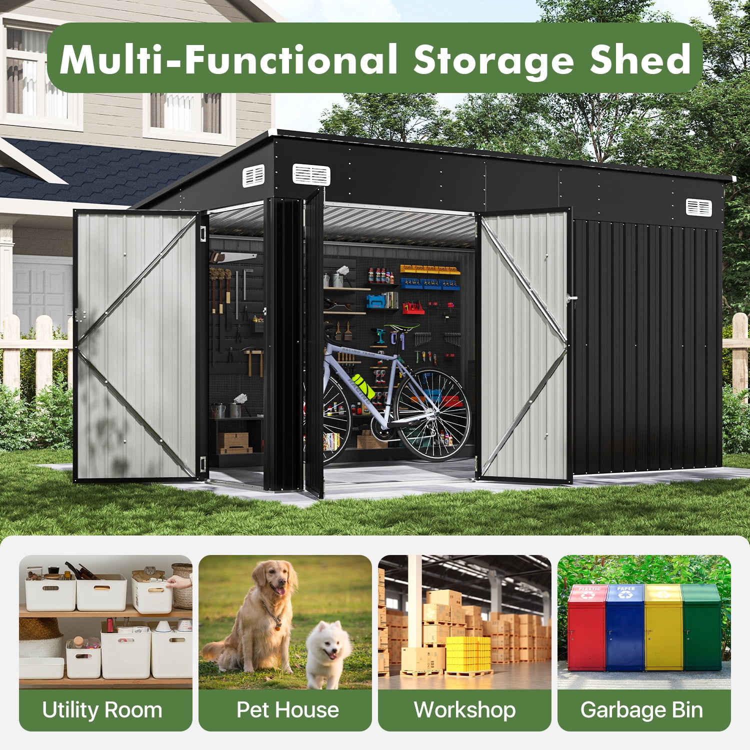BaPiPro 12'x8' Lean-to Metal Storage Shed, Outdoor Lockable Shed with Triple Doors & Vents for Garden, Backyard, Patio - Black