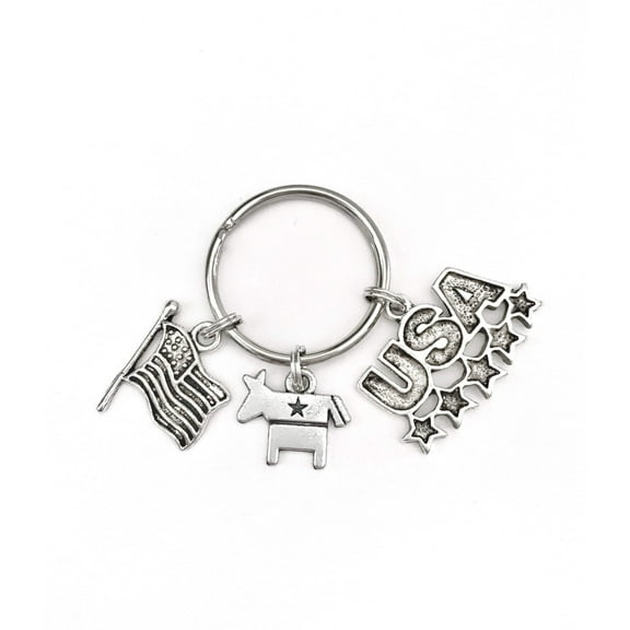 Democrat themed keychain. Includes Democrat Donkey Symbol, American Flag, and USA with Stars Charms. Liberal Democratic gift.