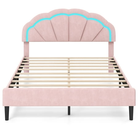 Infans Queen Size Upholstered LED Bed Frame Soft Velvet Platform Bed w/Flower Headboard