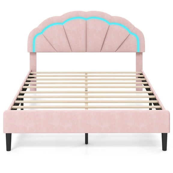 Infans Queen Size Upholstered LED Bed Frame Soft Velvet Platform Bed w/Flower Headboard