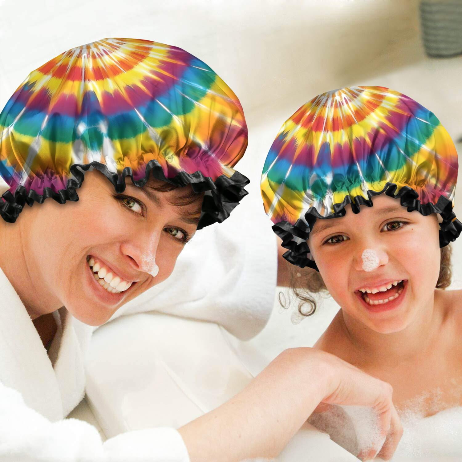 Shower Caps,Tie Dye Color Burst Pattern Waterproof Shower Cap for Women 4 Pieces,Double Reusable Hair Cover for Shower PEVA Elastic Stretch Hem