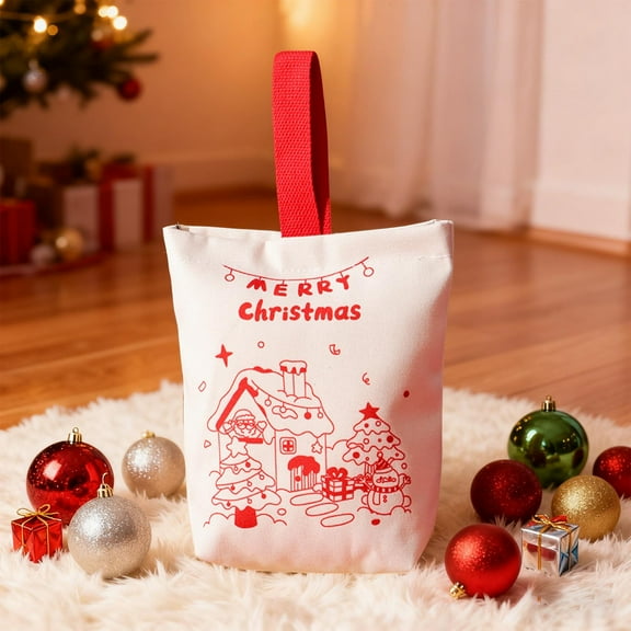 Christmas Canvas Gift Bags - Reusable Durable Tote with Festive Santa, Snowman & Tree Designs - Gift Packaging for Treats, Small Gifts, and Party Favors - 2 Pack