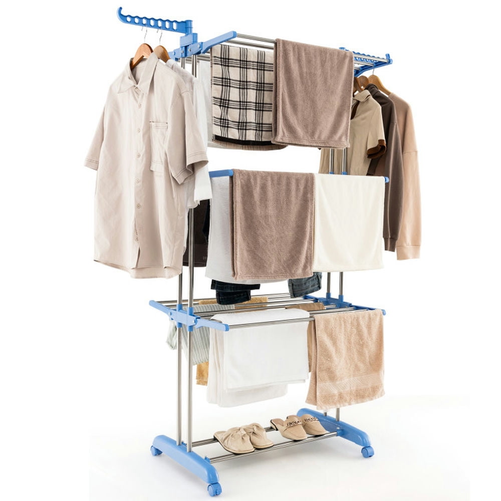 Finihen Drying Rack, Clothes Drying Rack, 4-tier Folding Clothes Drying Rack with Rotatable Side Wings, for Indoor, Outdoor, Blue Finihen Drying Rack, Clothes Drying Rack, 4-tier Folding Clothes Drying Rack with Rotatable Side Wings, for Indoor, Outdoor, Blue