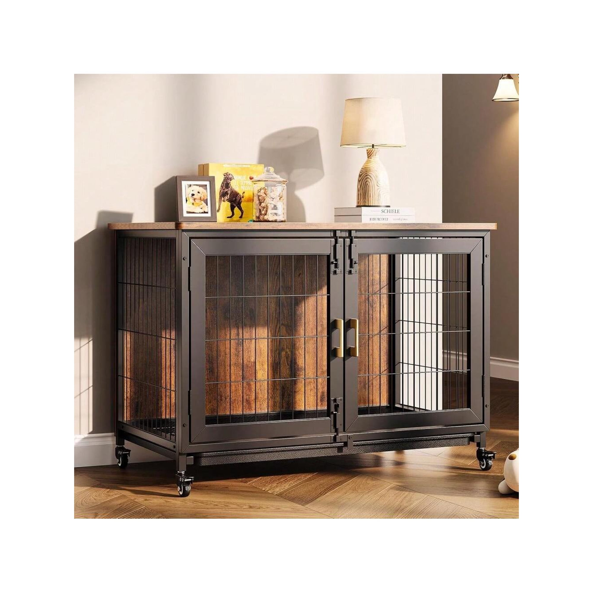 37.5 Heavy Duty Dog Crate Furniture With Wheels Wood Indoor Dog Crate Kennel With Removable Trayfor Small/Medium/Large Dogs End Side Table TV Stand Rustic Brown