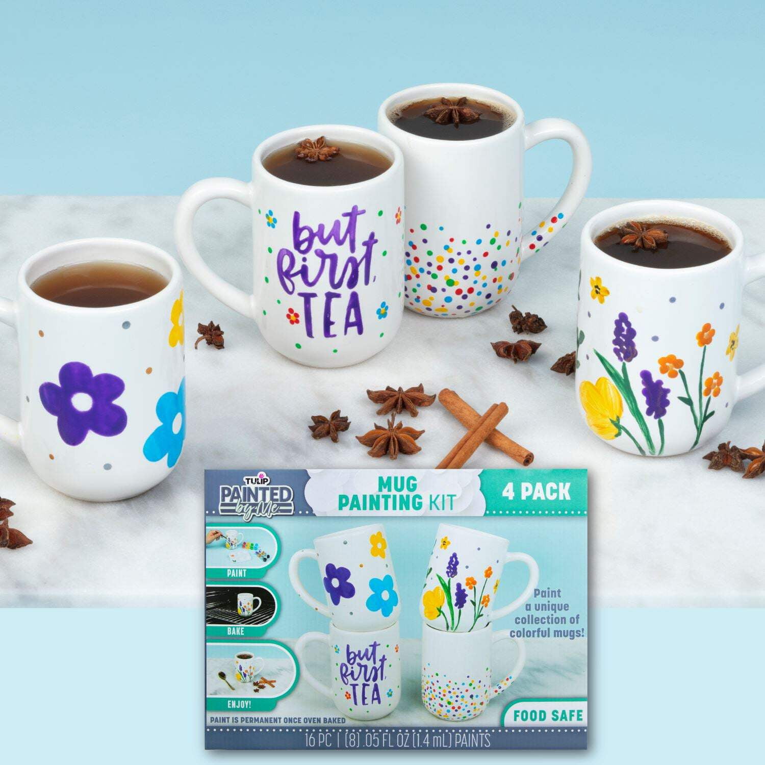 Tulip Painted by Me Mug Painting Craft Kit, 16 Piece Set with 4 Mugs, 8 Paint Pots and 4 Brushes