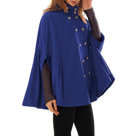 - Women's Stand Collar Open Front Button Double Breasted Worsted Poncho Coat Blue (Size S / 6) Blue S (US 6)