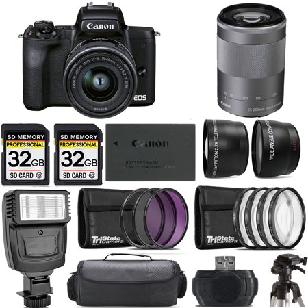 Canon EOS M50 Mark II Mirrorless Camera with 15-45mm Lens (Black) +55-200mm f/4.5-6.3 IS STM Lens (Silver) +Flash- Kit