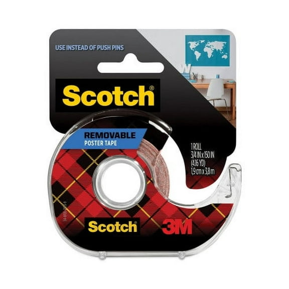 Scotch Wallsaver Removable Poster Tape with Dispenser, 1" Core, 0.75" x 12.5 ft, Clear, Each
