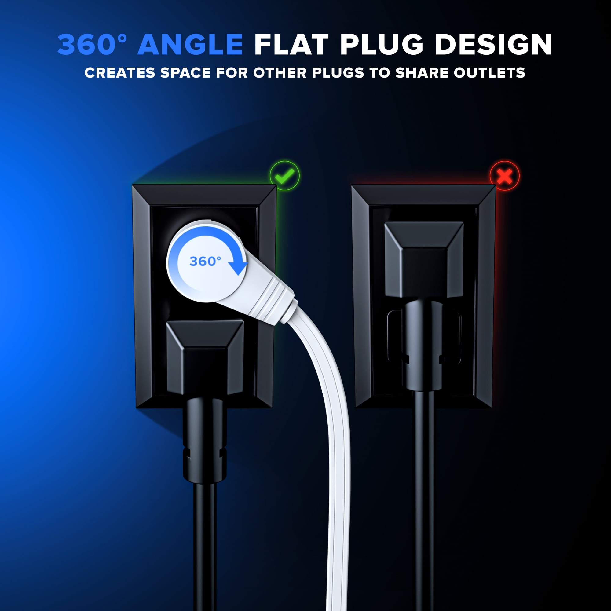 360° Rotating Flat Plug Extension Cord with USB Ports and a Removable Hook White Extension Cord 3 ft (16 Gauge) UL Certified