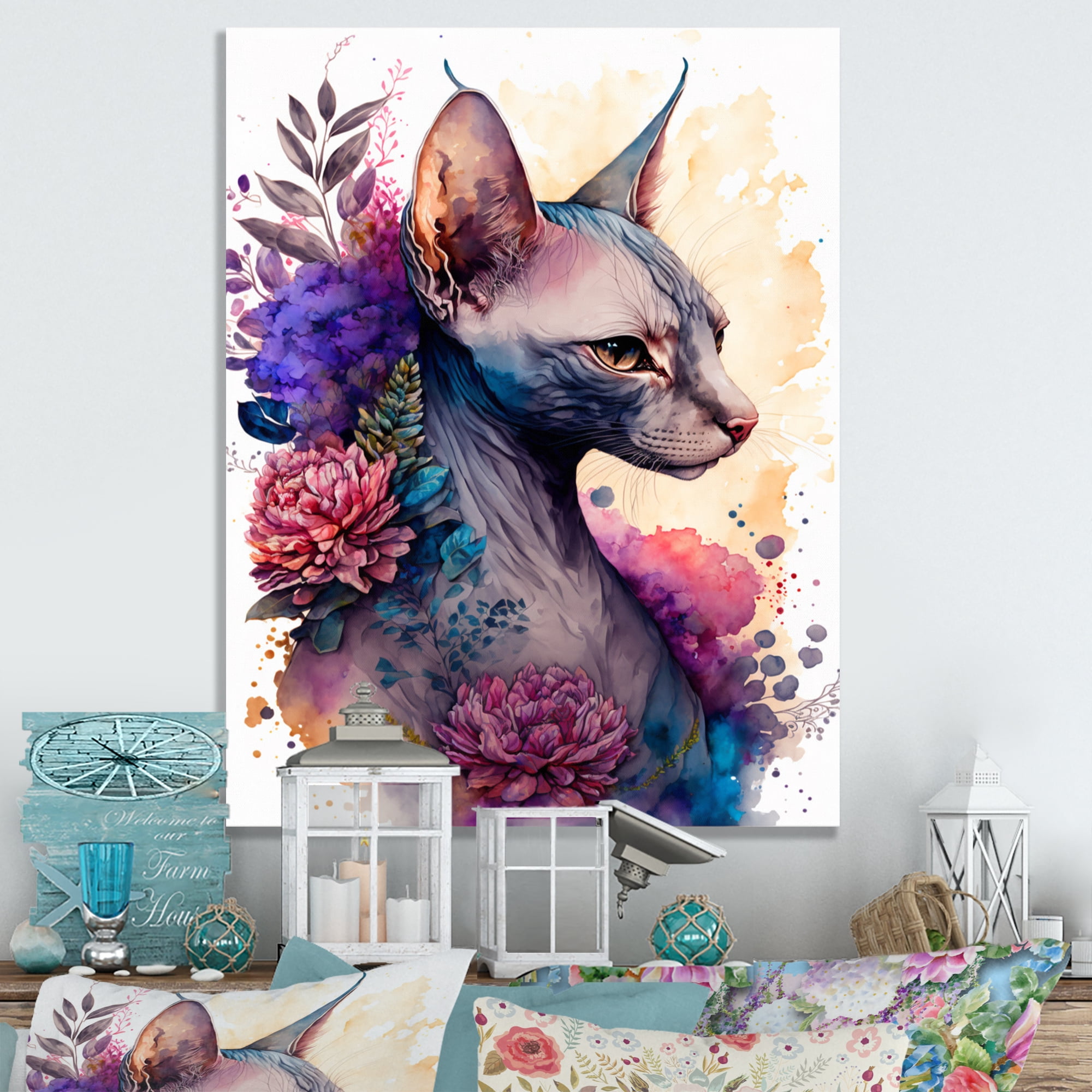Designart Cute Sphynx Floral Art I Canvas Wall Art