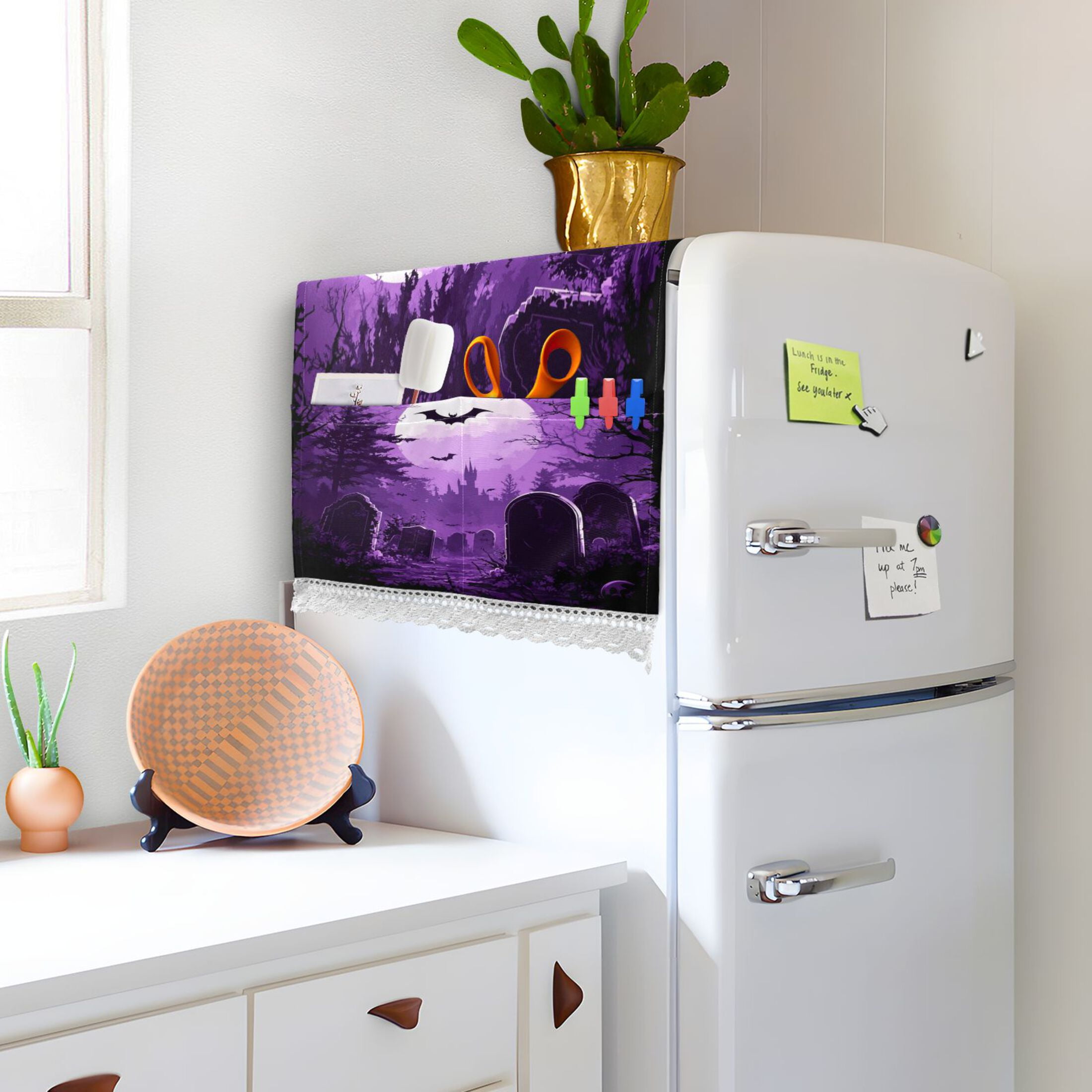 Purple Full MoonWasher and Dryer Covers Dust-Proof and Oil Resistant Fridge Cover with 4 Storage Pockets Washing Machine Top Cover for Laundry Kitchen Home 51.2 x 22 In