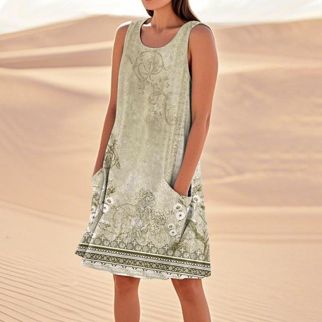 WILLBEST Vestidos De Verano Vestido De Lino Para Mujer Vestido De Playa Informal Hasta La Rodilla Vestido Sin Mangas Vestido Casual Estampado De Verano Con Bolsillos