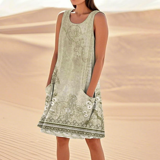 WILLBEST Vestidos De Verano Vestido De Lino Para Mujer Vestido De Playa Informal Hasta La Rodilla Vestido Sin Mangas Vestido Casual Estampado De Verano Con Bolsillos