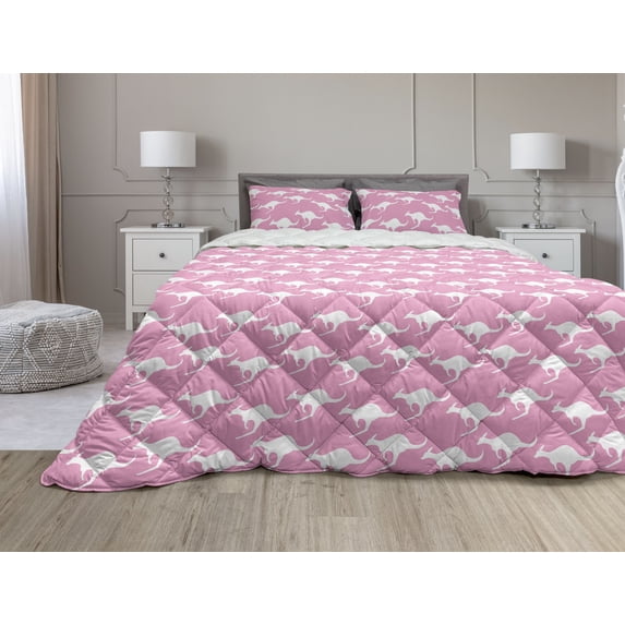 Kangaroo Comforter & Sham Bedding Set, Silhouette of Jumping Adult Kangaroo Animal Pattern in Diagonal Alignment, 3 pcs Duvet Set Microfiber Filling Quilt, 5 Sizes, Pink and White, by Ambesonne