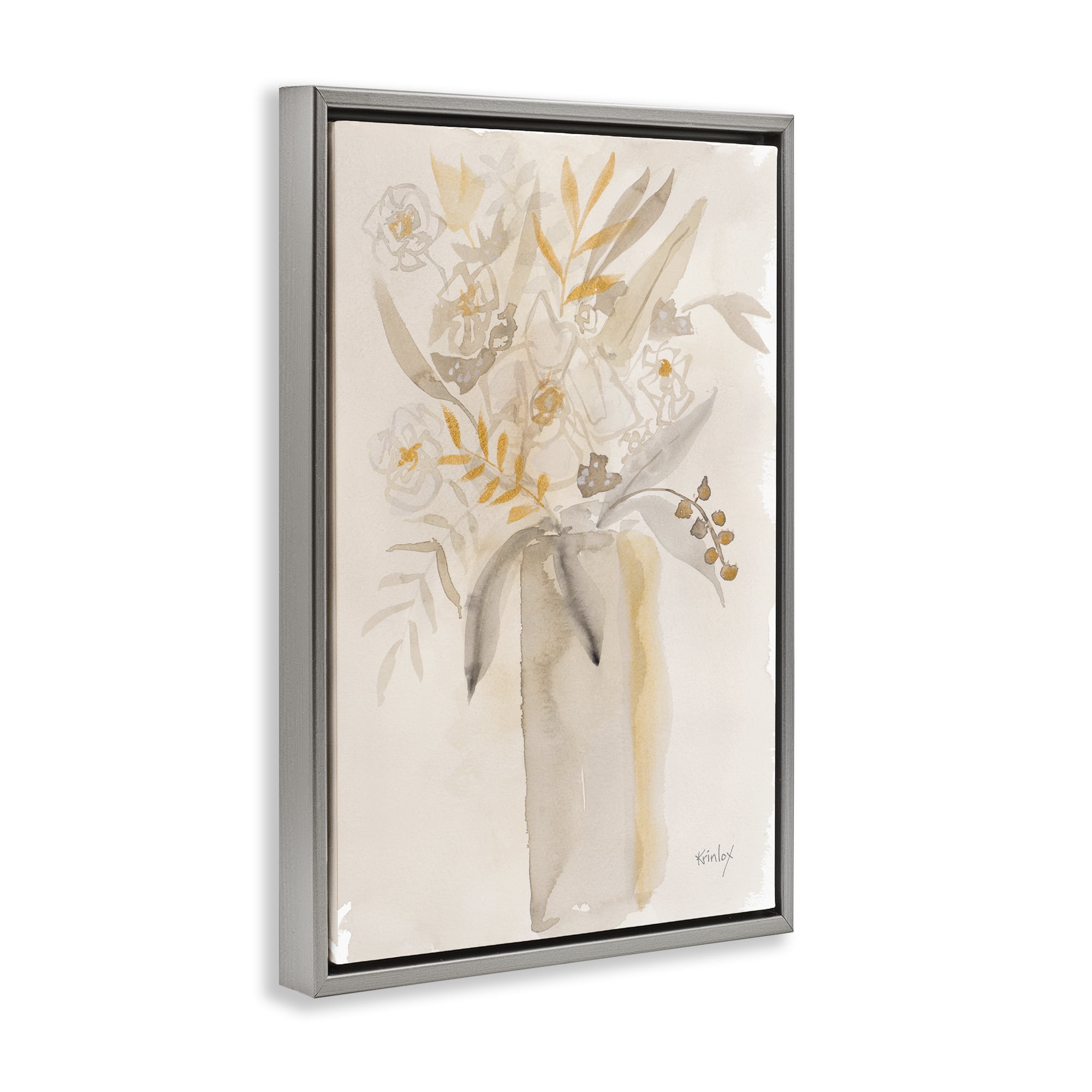 Stupell Industries Earthy Soft Flower Vase Gray Framed Floater Canvas Wall Art, design by Krinlox
