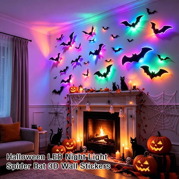 3d bats halloween wall decor light up bats for halloween LED Glowing 3D Bat Stickers with Lights Luminous Wall Clings for Indoor Home Window Garage Party Supplies,F-12PCS