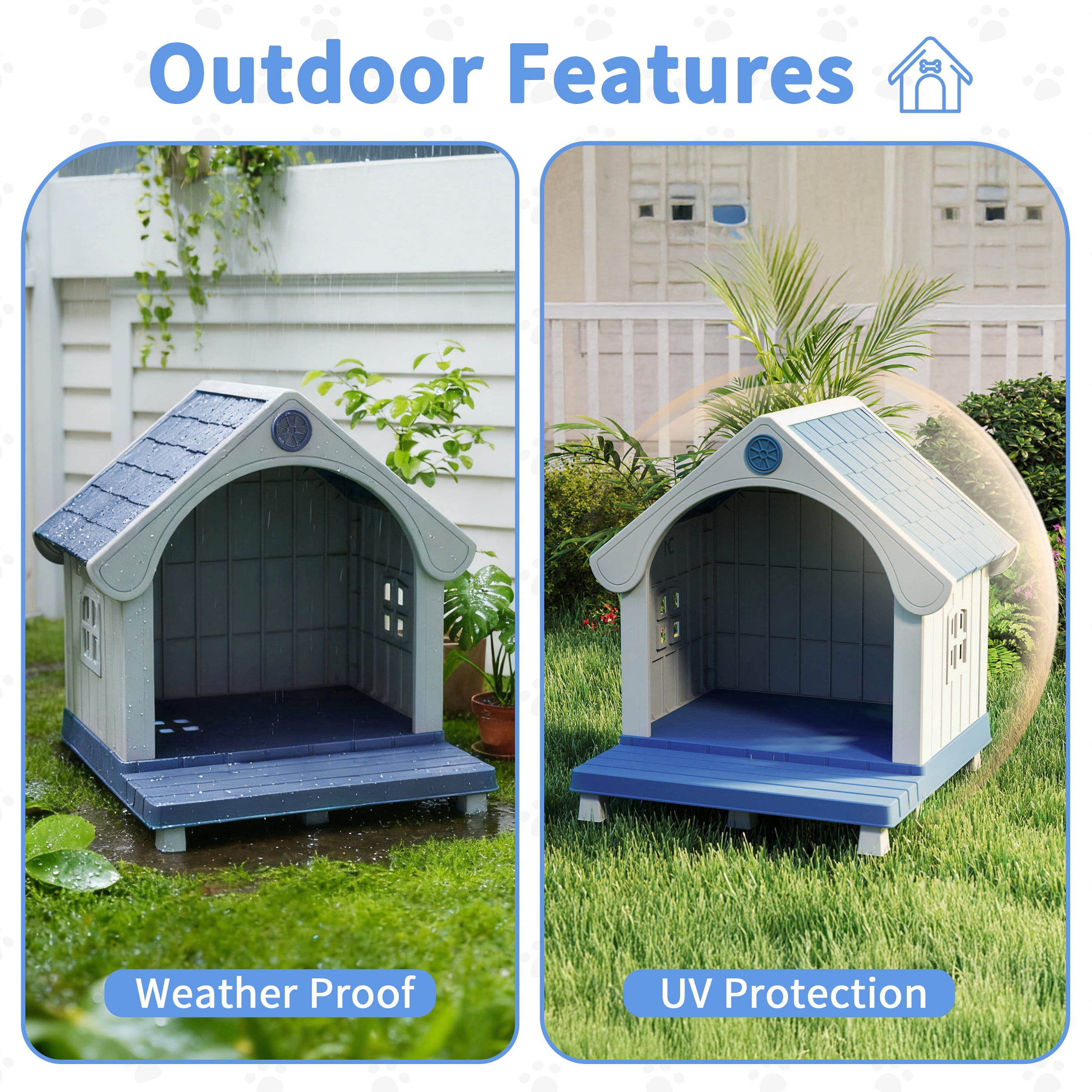 fazzn Elevated Resin Dog House with Porch, Weatherproof Outdoor Pet Shelter for Small to Medium Dogs, Easy Assembly & Durable.Blue,Father's Day Gift
