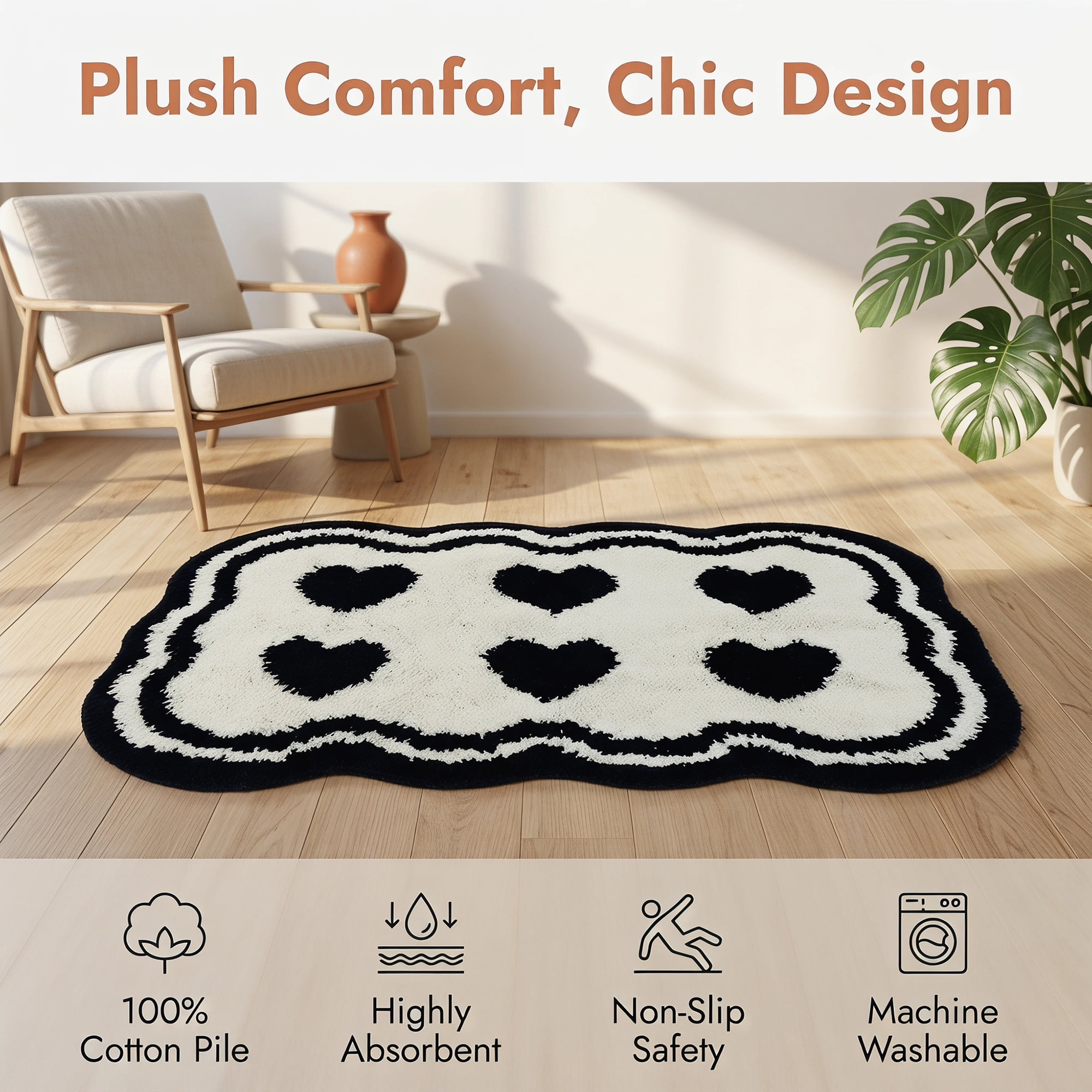 Unique Bargains Aesthetic Ultra Absorbent Shaggy Non Slip Bath Mat White Heart 32" x 20"