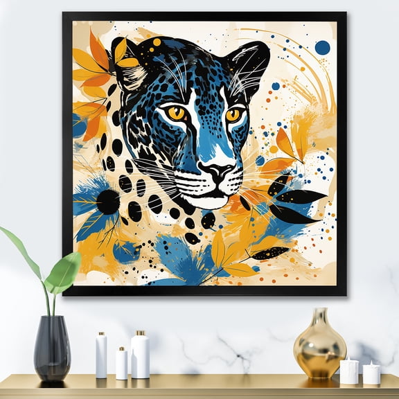 Designart "Leopard Collage in Yellow and Blue IV" Animals Framed Wall Art Decor - Modern Yellow Leopard/Cheetah Entryway Framed Wall Art Print
