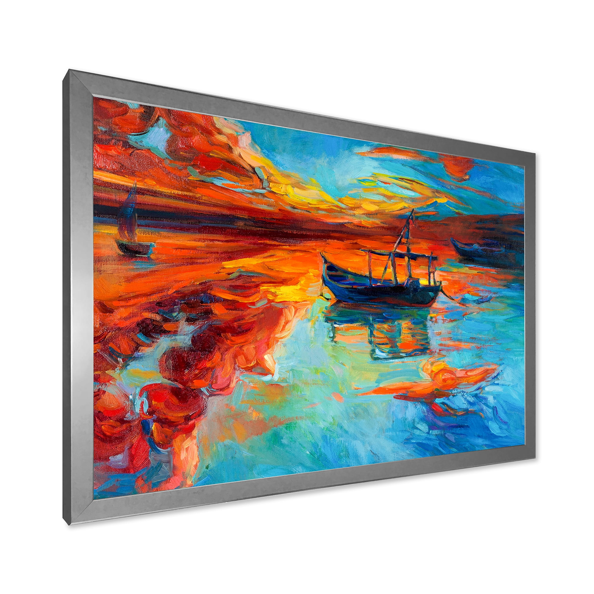 Boat At The Lake During Evening Glow IV 32 in x 16 in Framed Painting Canvas Art Print, by Designart