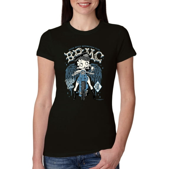 Wild Bobby, Biker Betty Boop MC Motorcycle Club 1930 Betty Boop Womens Slim Fit Junior Tee, Black, Small